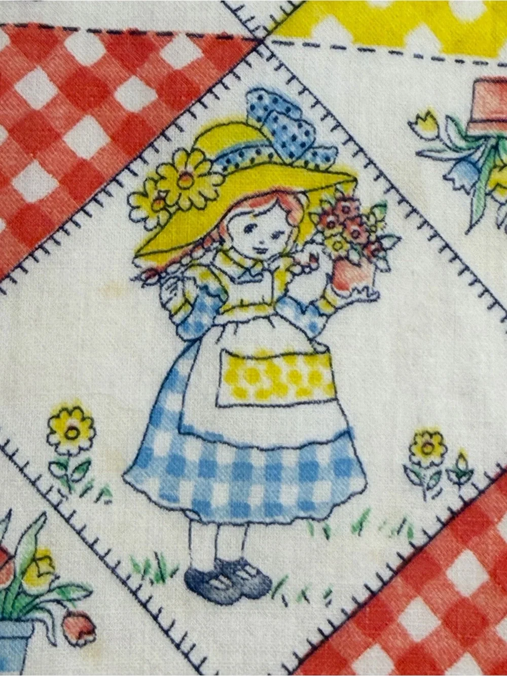 VINTAGE 70s sunbonnet sue full apron kitchen bonnet girl mushroom parchwork